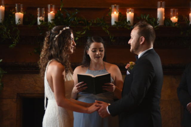 Bride and groom during ceremony vows.